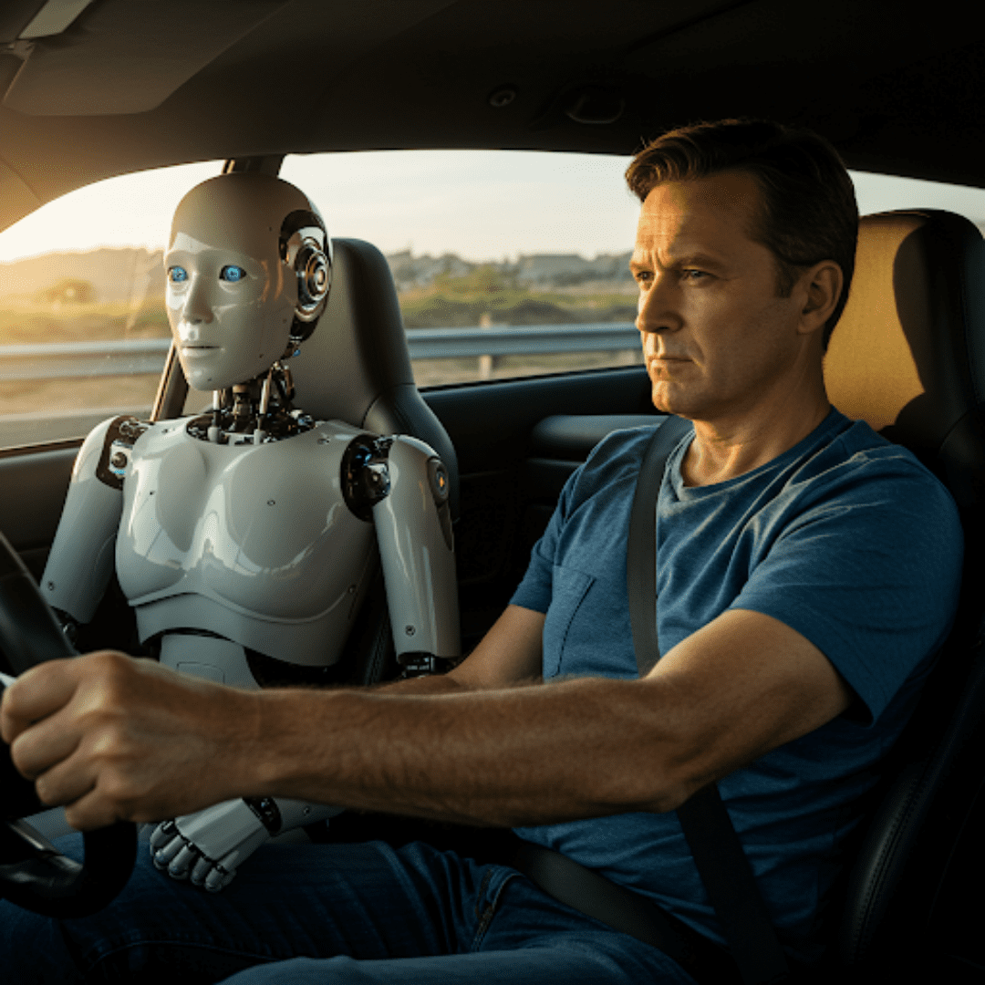 man driving with robot in passenger seat